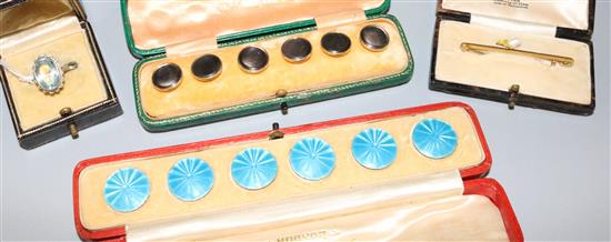 Silver and enamel buttons, other buttons, brooch, aquamarine ring